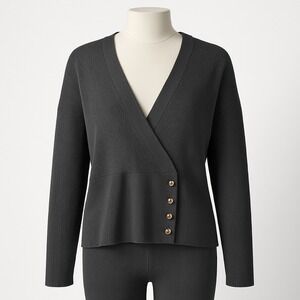 Anthropologie Calligraphie Black Ribbed Wrap V Neck Sweater Gold XL Goth Preppy